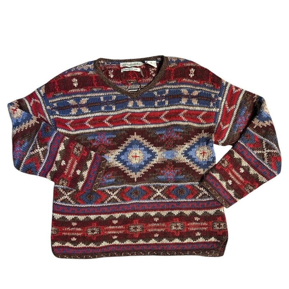 David Brooks Womens Southwestern Hand Knitted Linen Cotton V-Neck Sweater Medium